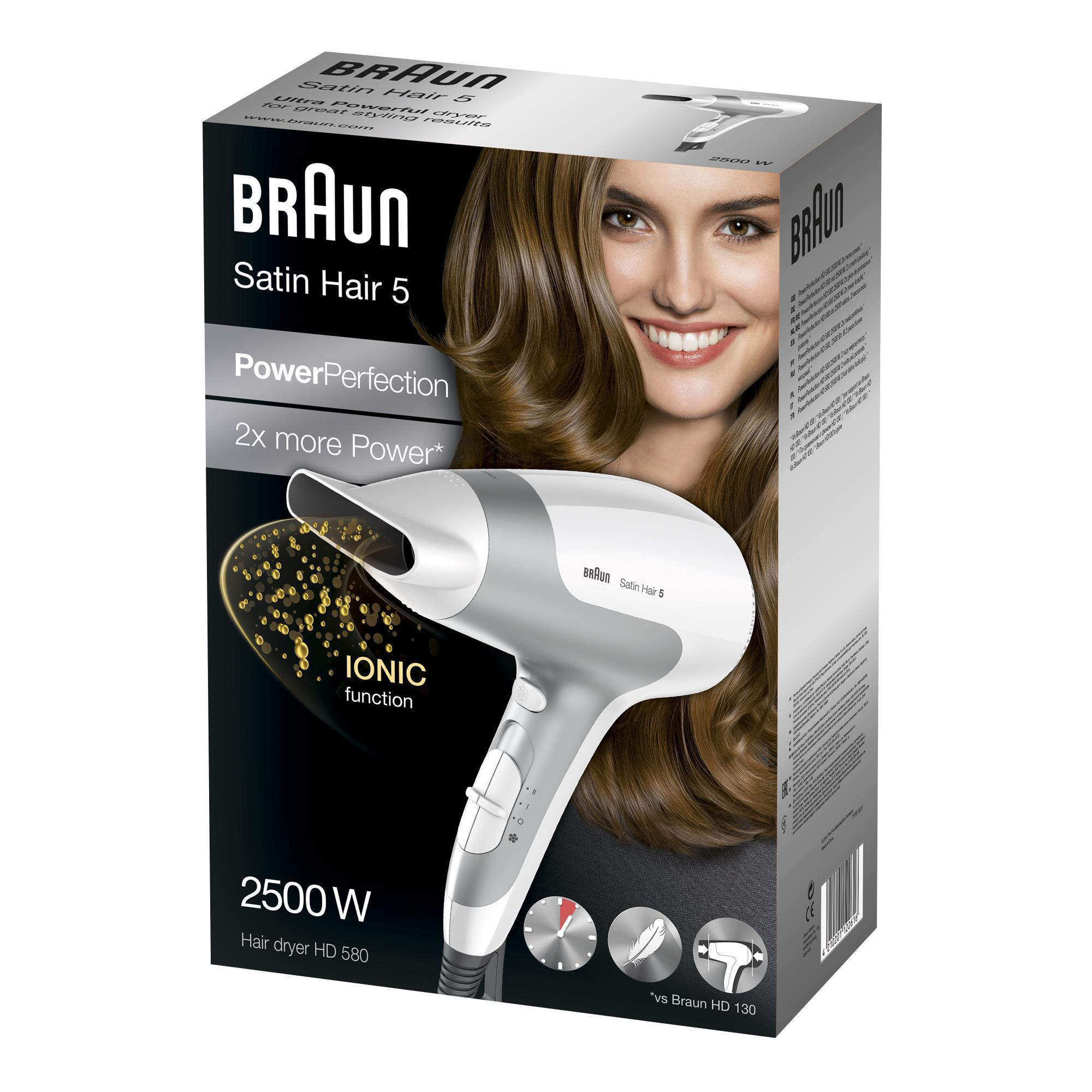 Haartrockner in einer Box. Frau lächelt. Text: 'BRAUN Satin Hair 5'.