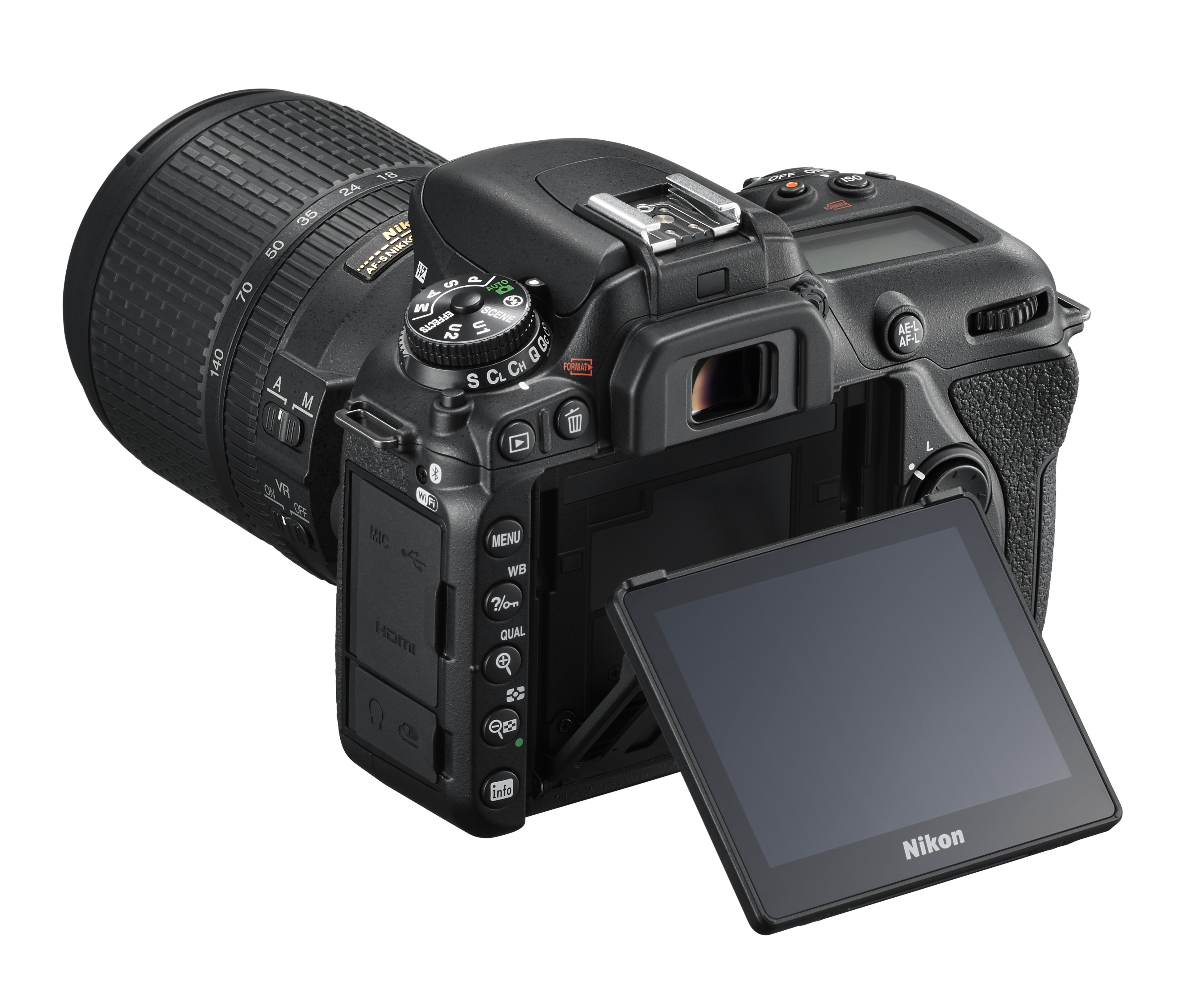Schwarze Nikon Kamera mit geöffnetem Bildschirm, Rückseite mit Knöpfen, und Objektiv.