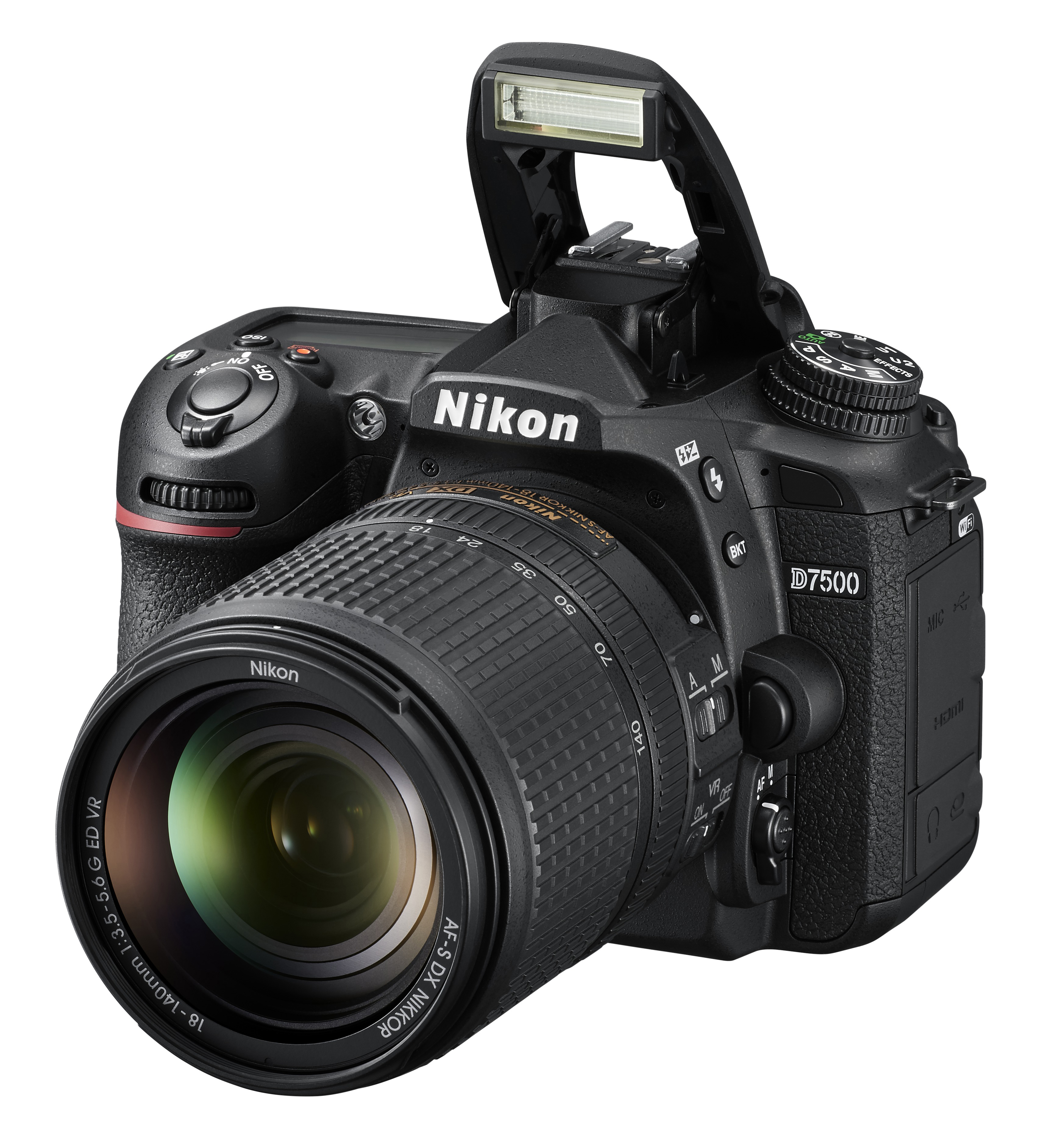 Schwarze Nikon D7500 DSLR-Kamera mit Objektiv und ausklappbarem Blitz.
