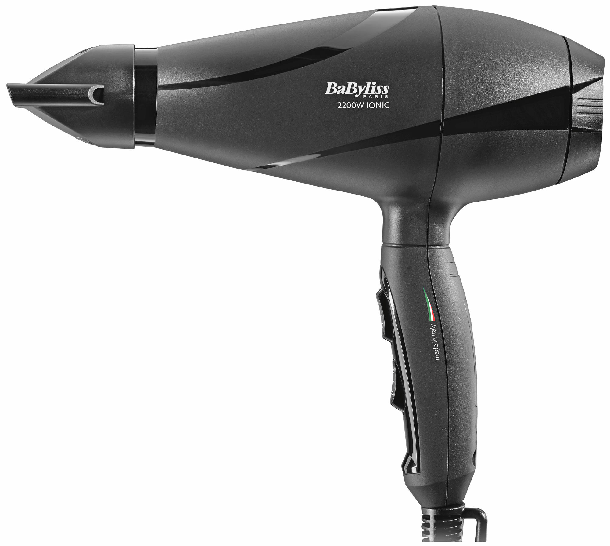 Secador de pelo Babyliss negro. La etiqueta dice "Babyliss PARIS 2200W IONIC". El secador tiene una boquilla.