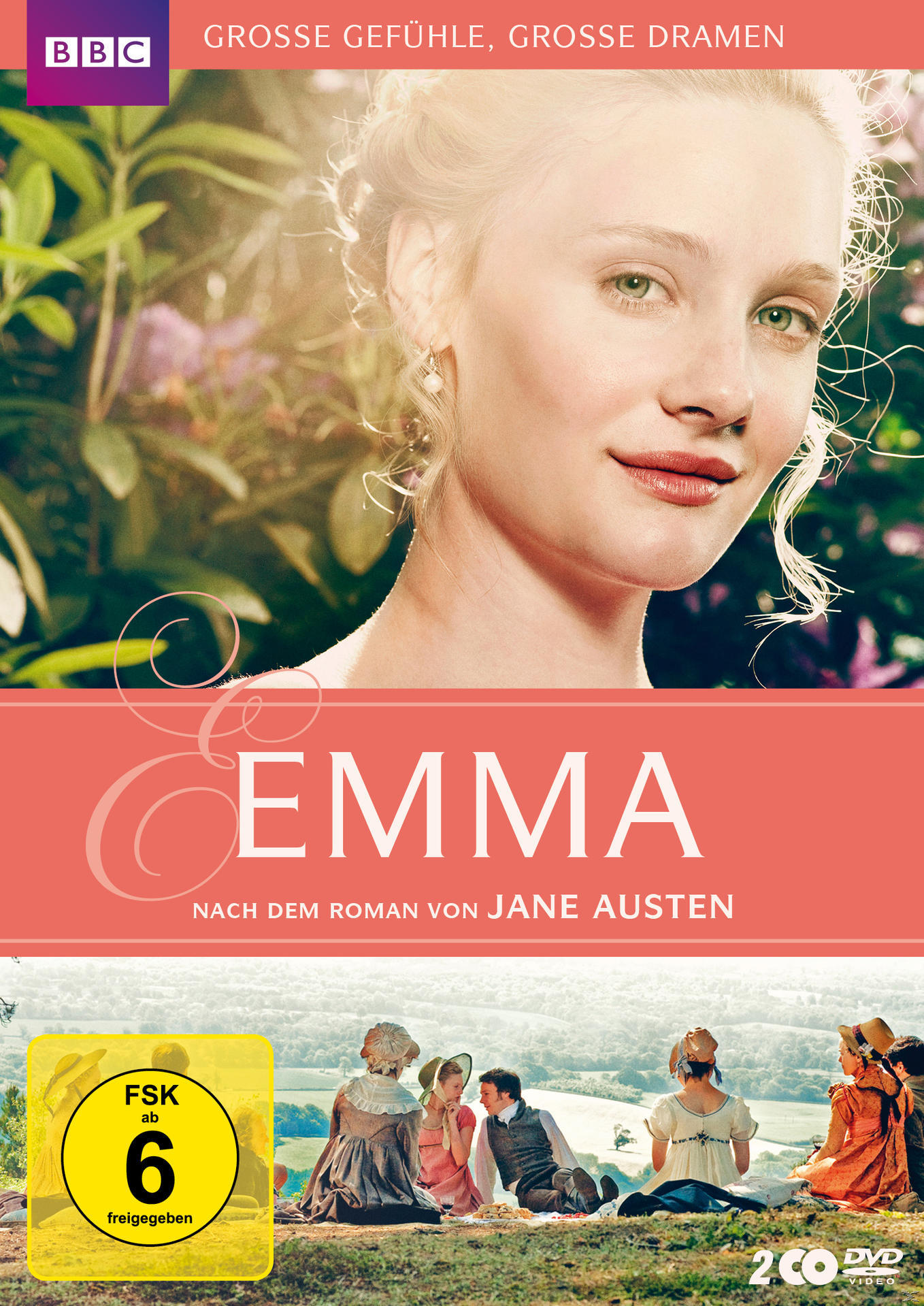 DVD-Cover: 'Emma'-Titel mit Frauengesicht. Szene mit Picknick im Hintergrund.