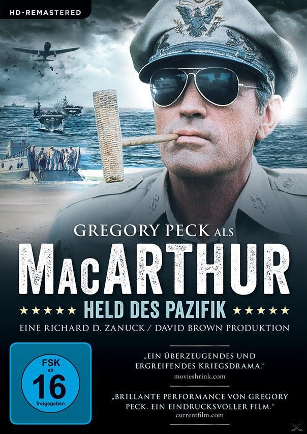 MacArthur-Filmcover. Gregory Peck in Uniform raucht. Kriegsschiffe und Flugzeuge im Hintergrund.