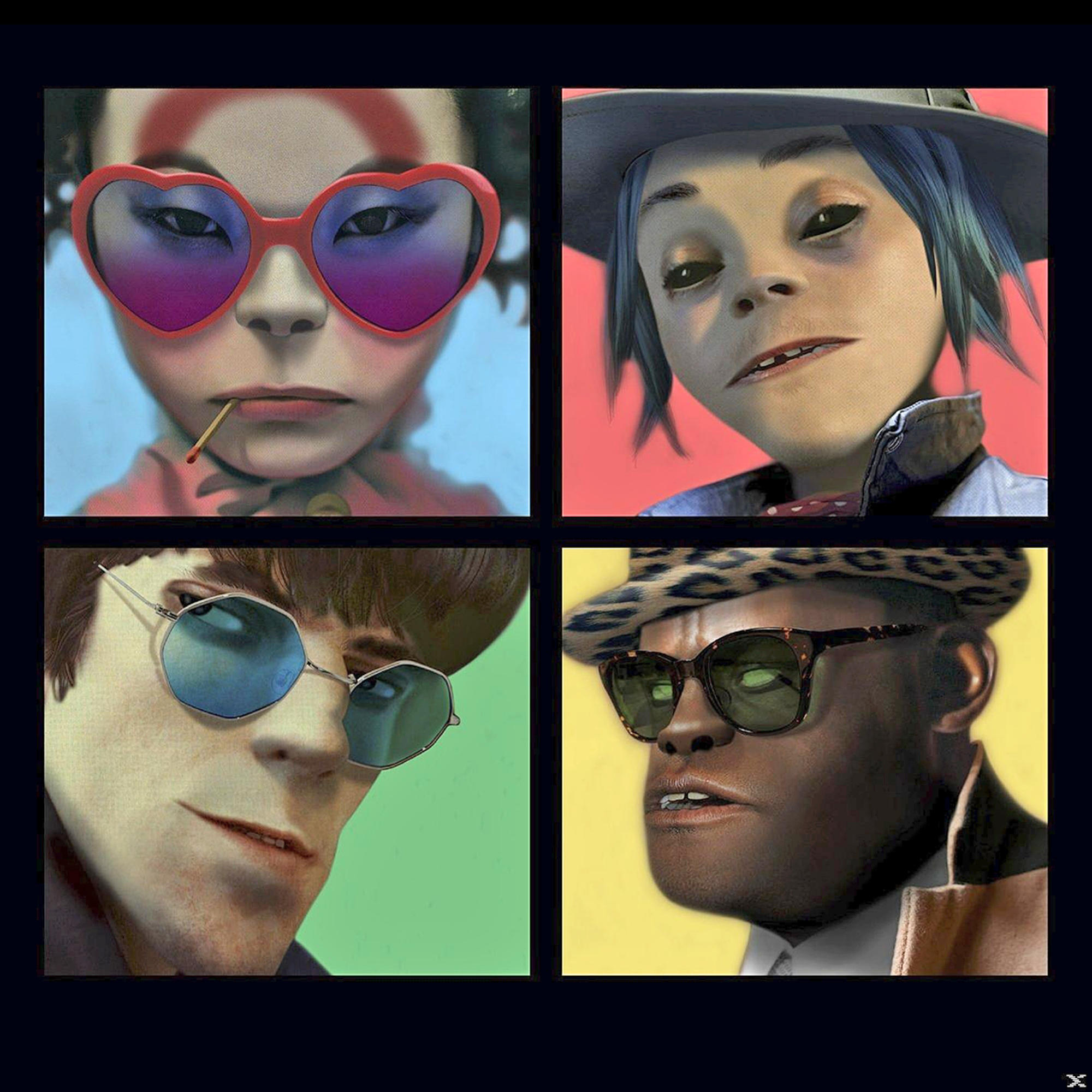 Vier animierte Charaktere mit Brille. Herzförmig, blau und quadratisch. Dunkler Hintergrund.
