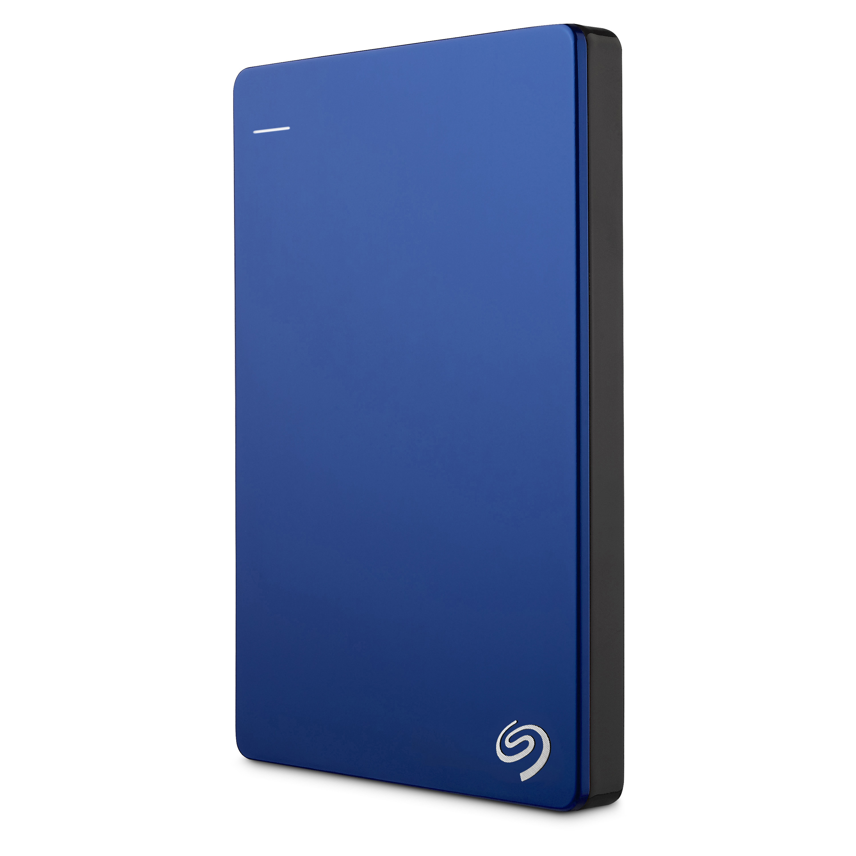 Eine blaue Seagate-Festplatte mit schwarzer Seite, weißer Hintergrund.