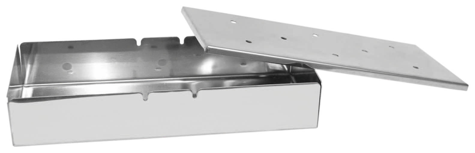 Eine Edelstahl-Räucherbox, rechteckig mit Deckel, geöffnet.