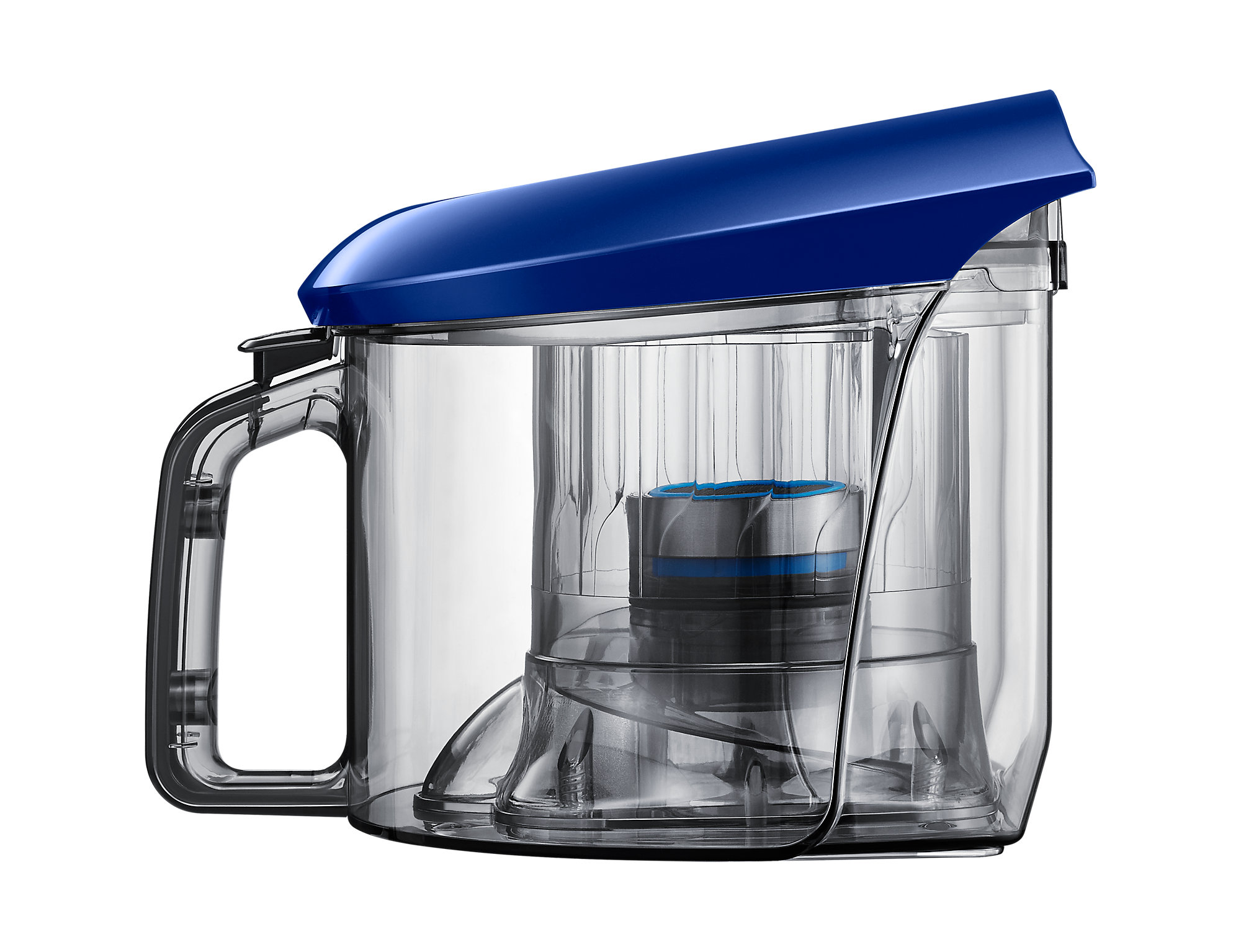 A transparent vacuum cleaner dust bin with a blue top and handle. The bin is empty.
