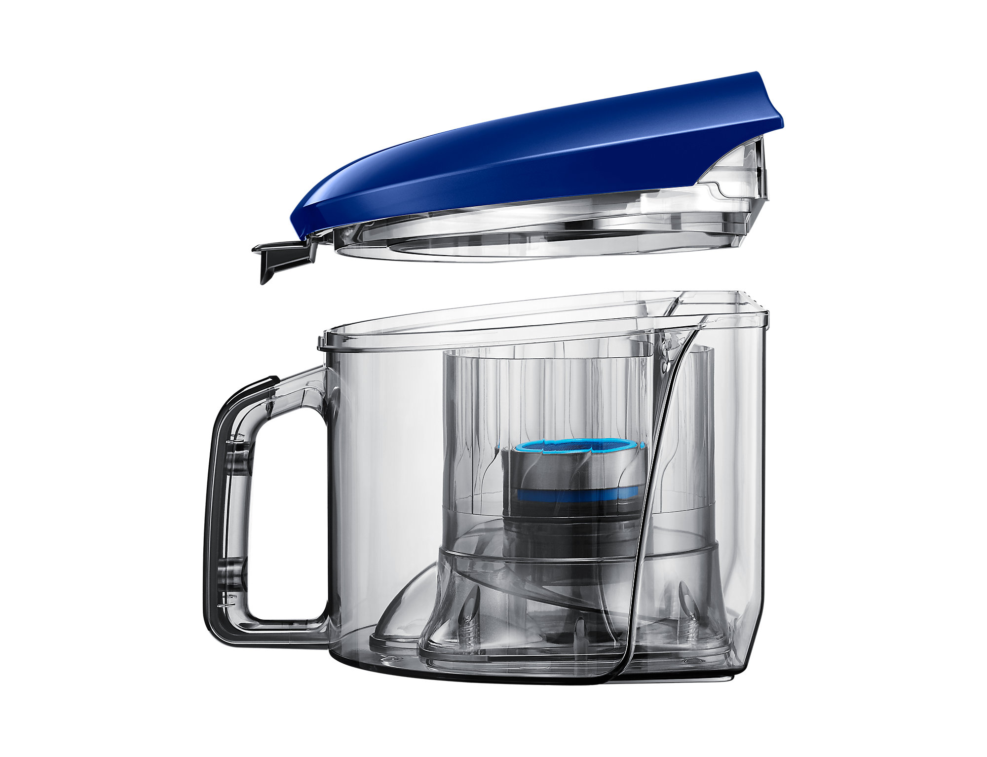 A transparent, blue-accented container with its lid open, isolated on a white background.