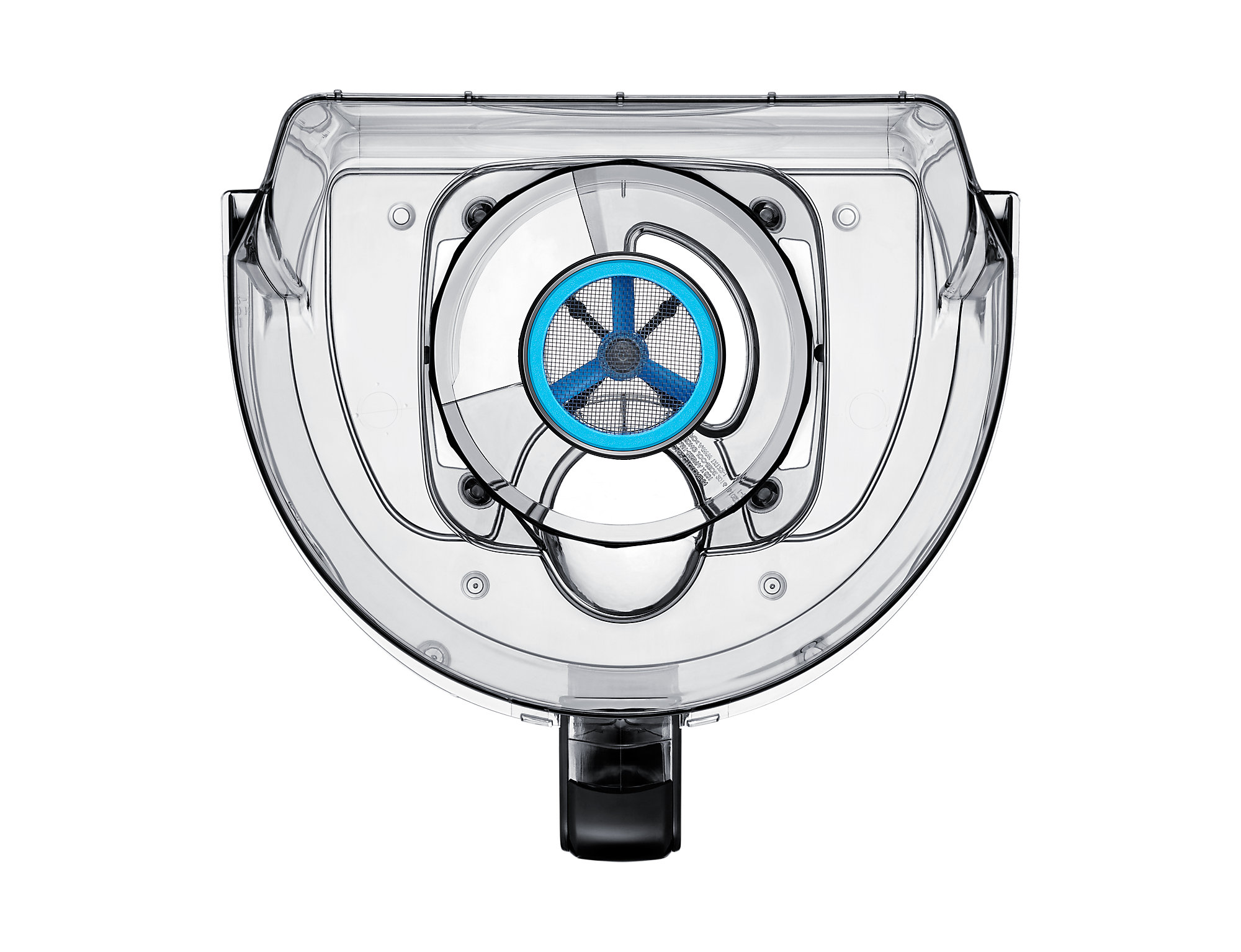 Top-down view of a clear plastic vacuum cleaner container with a blue filter inside.