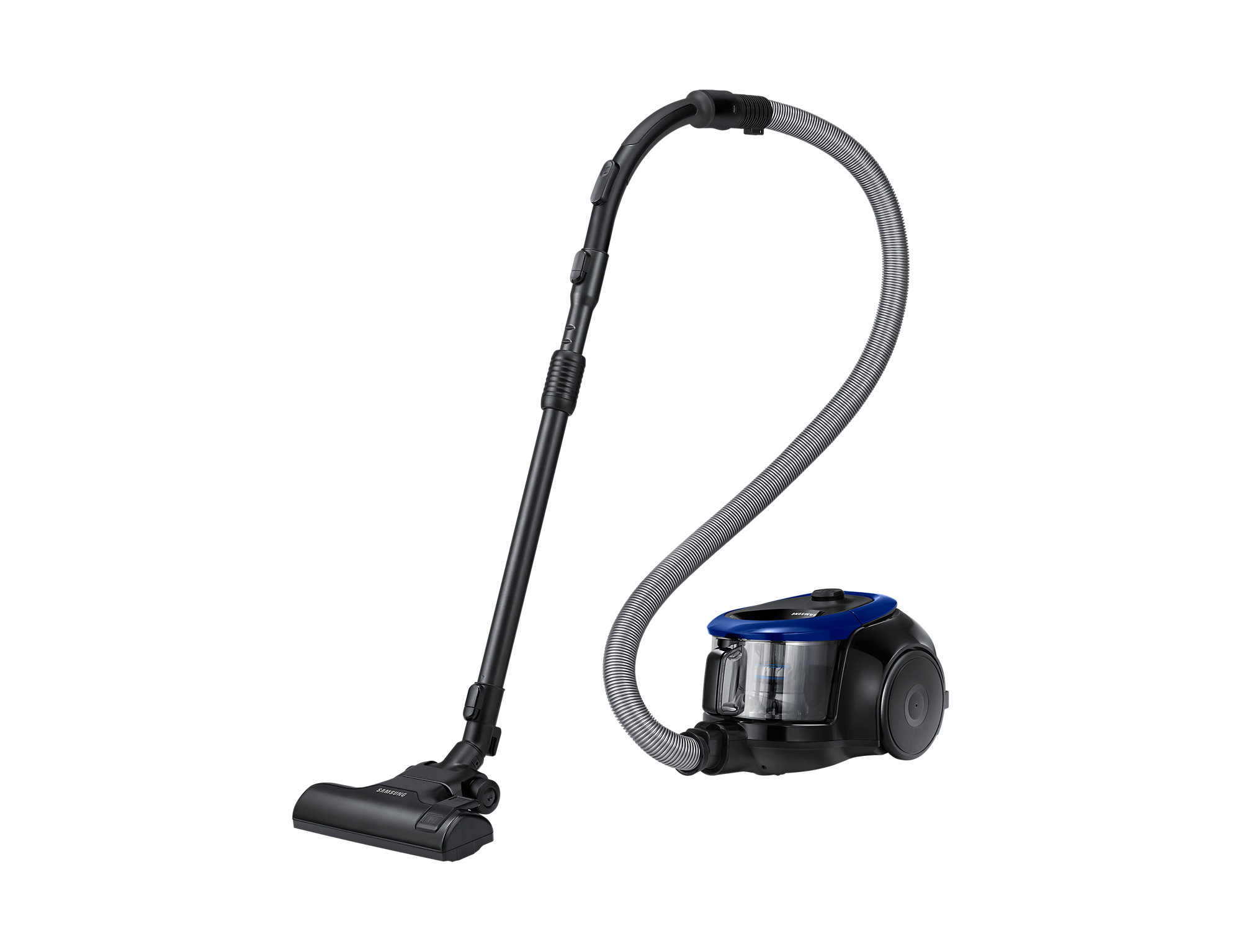 A black and blue Samsung vacuum cleaner with a long hose and a cleaning head.