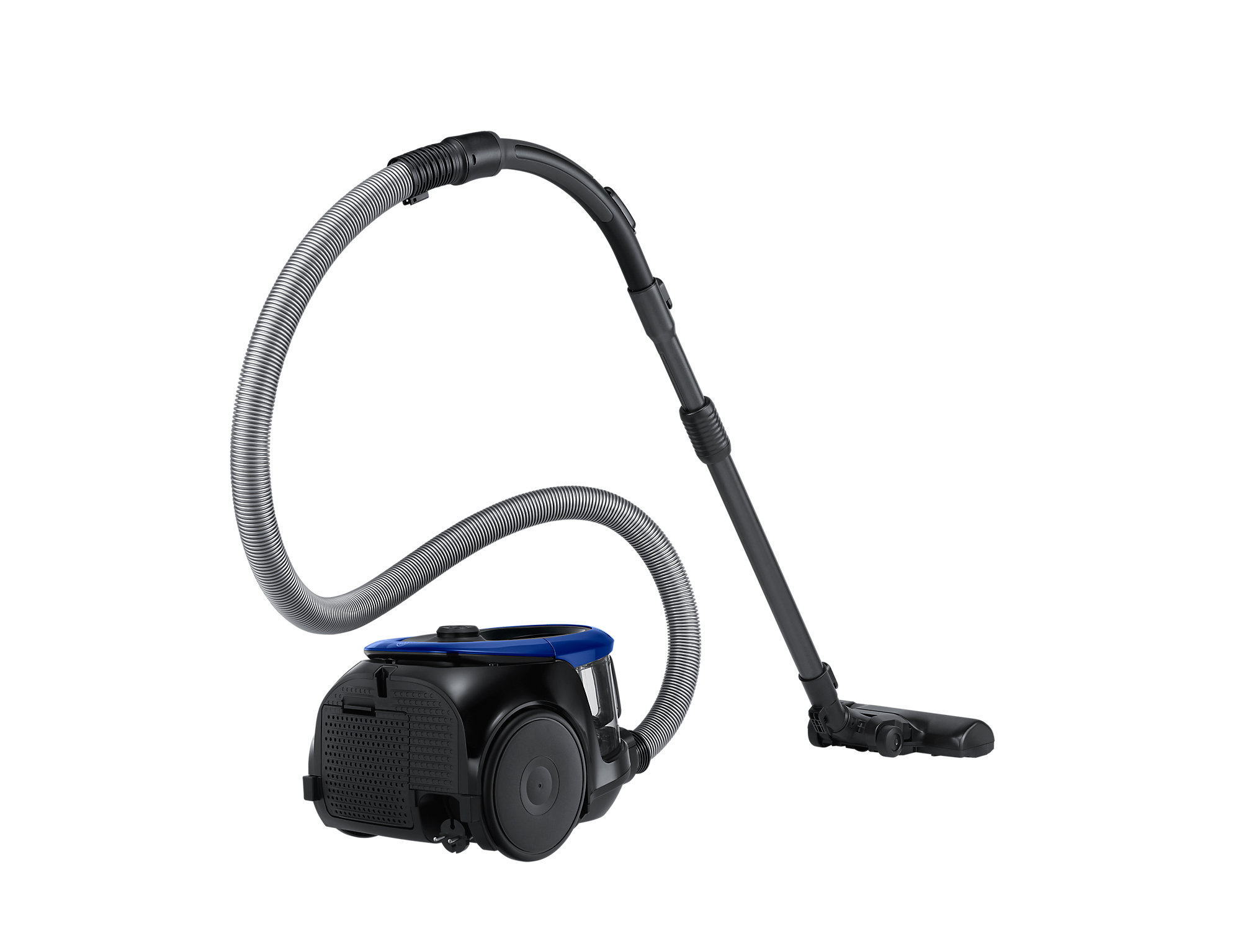 A black Samsung vacuum cleaner with a silver hose and attachments, white background.