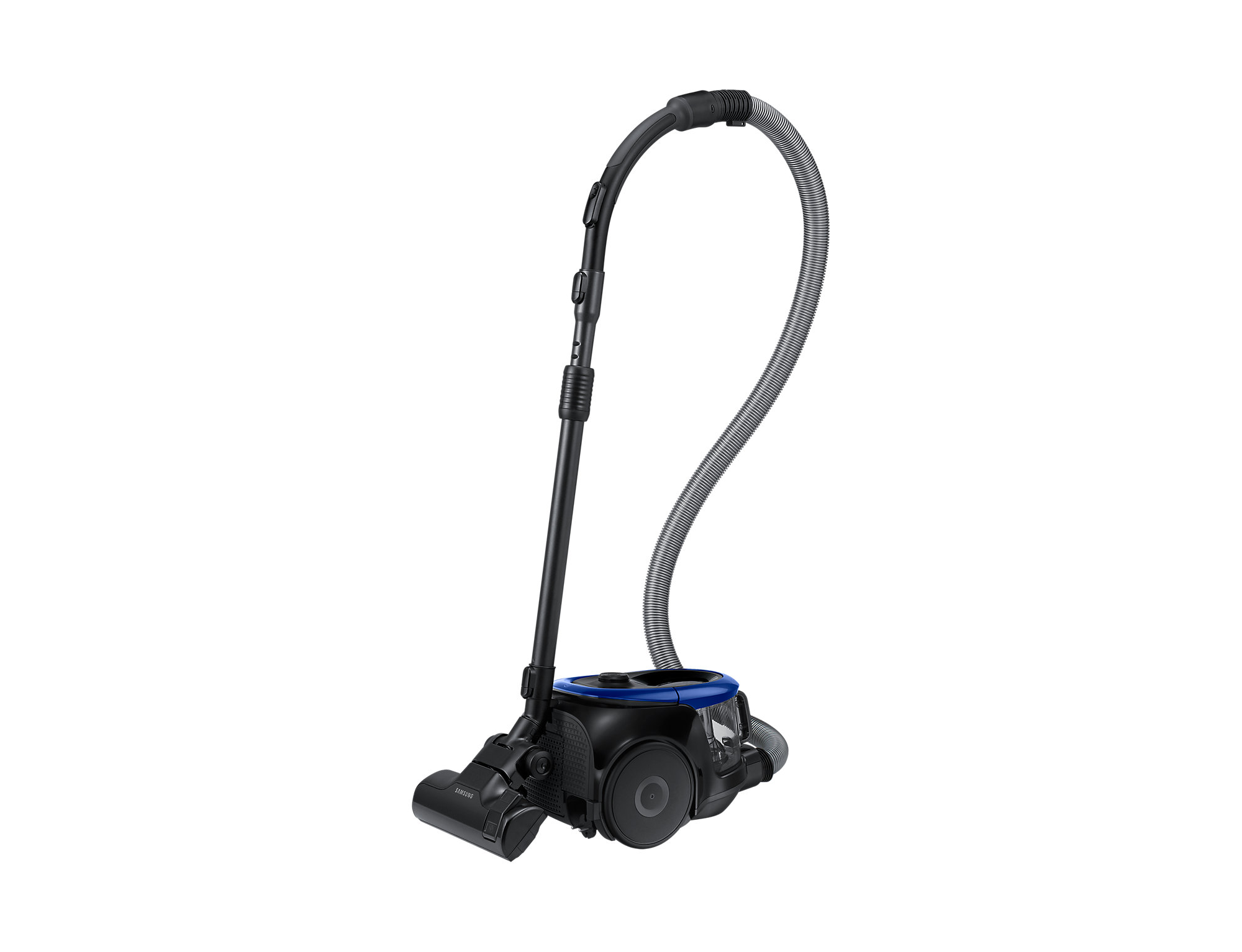 Black and blue upright vacuum cleaner on a white background. Hose and brush are visible.