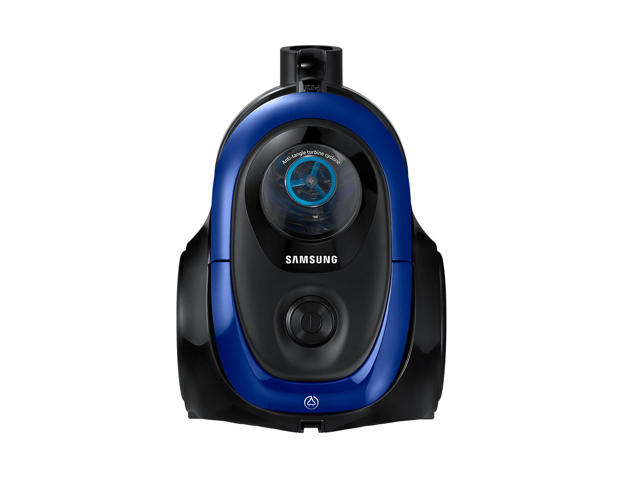 A blue and black Samsung vacuum cleaner, front view, with a round design and a button.