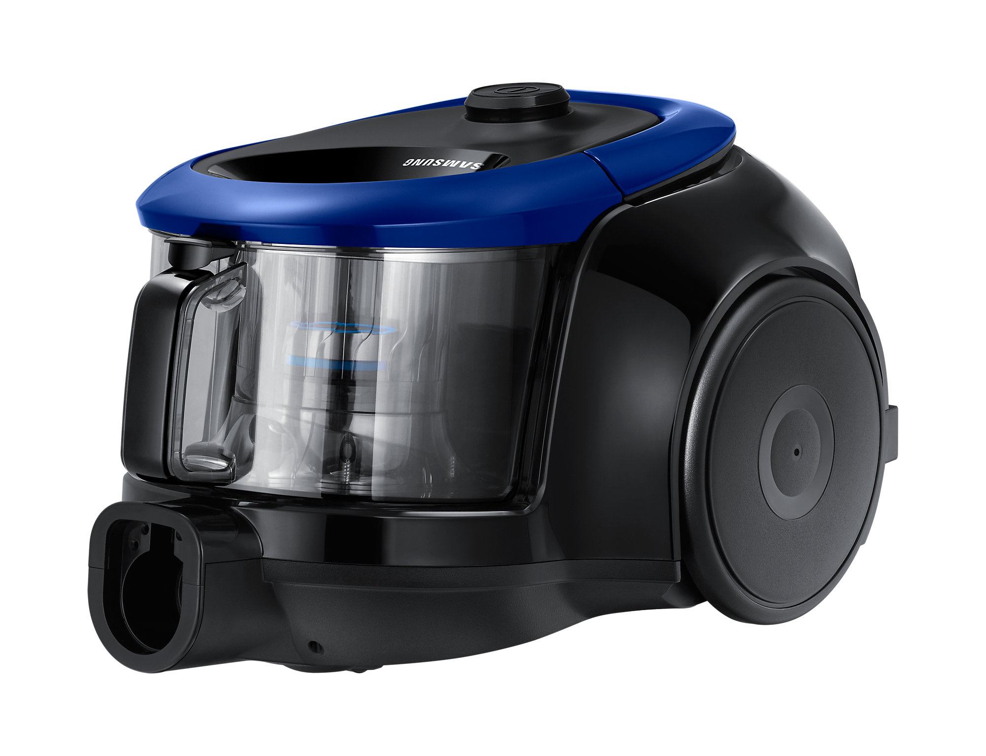 Black and blue Samsung vacuum cleaner. The container is transparent. It is on a white background.