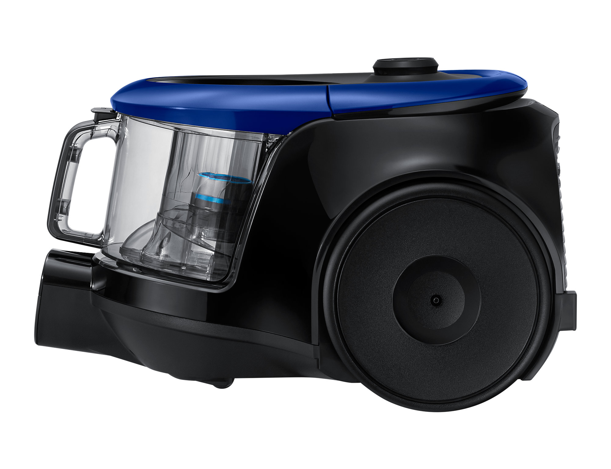 A black and blue vacuum cleaner. It has a transparent compartment to collect dust and a big black wheel.