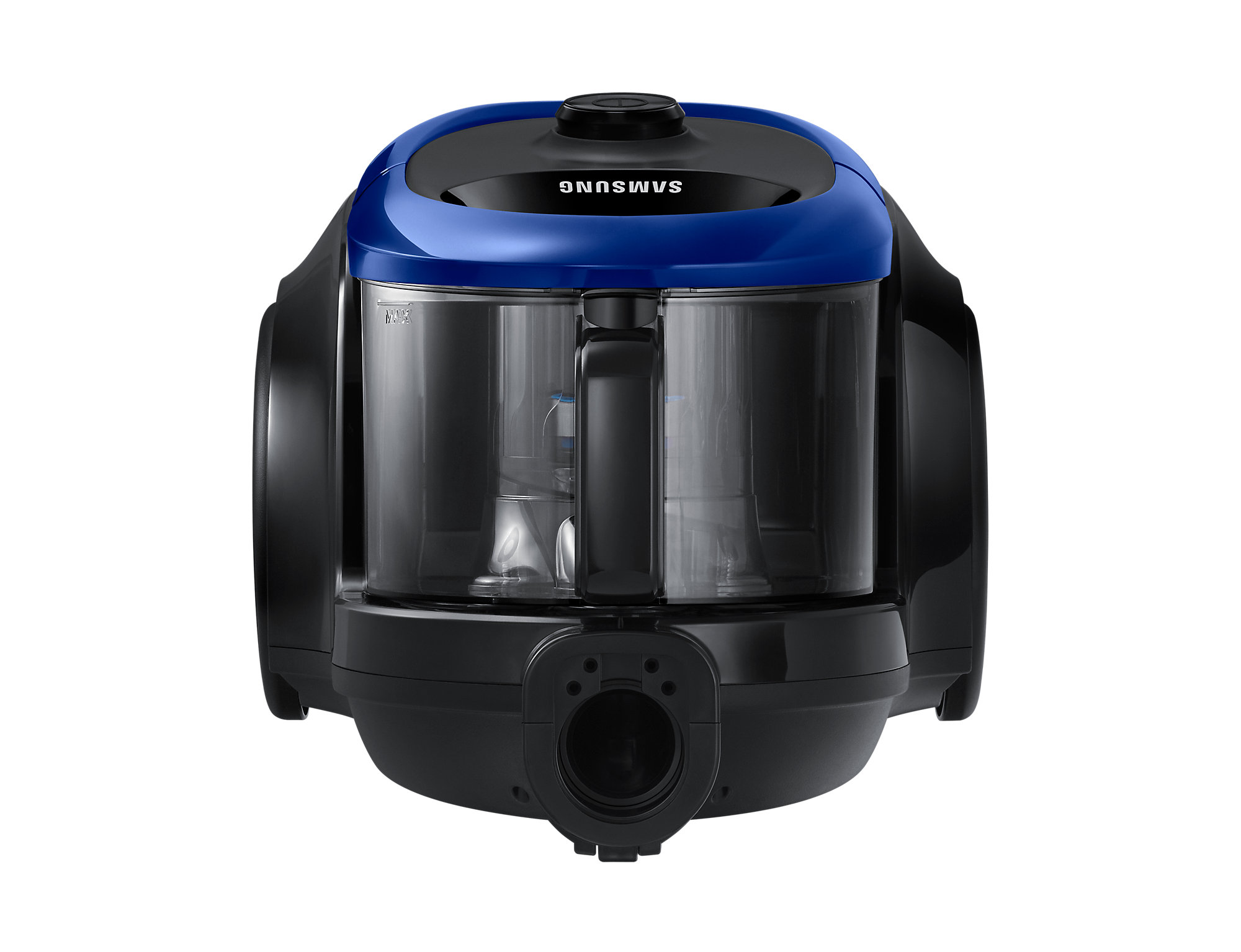 Black and blue vacuum cleaner against a white background, front view.