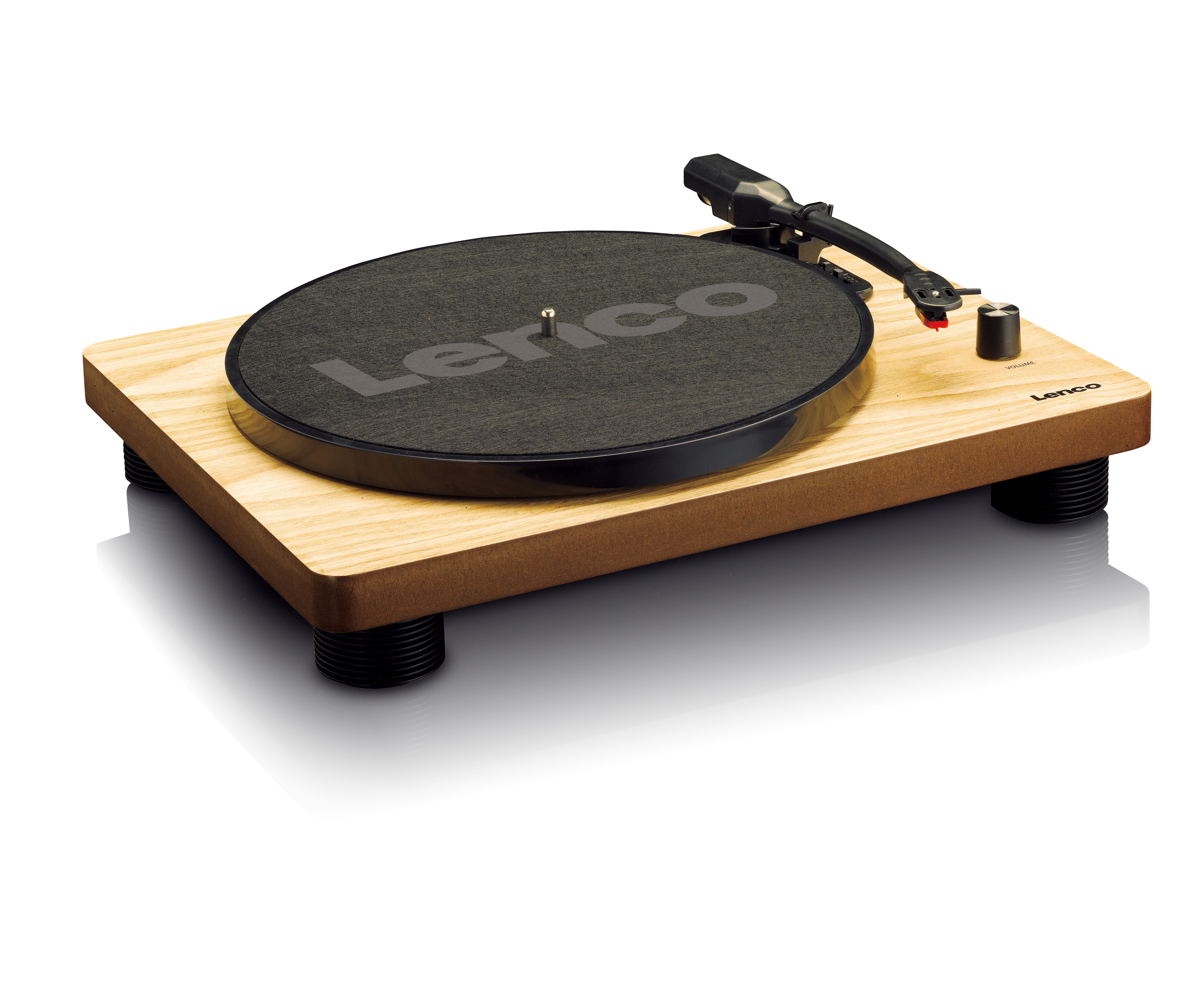 Wooden turntable with a black record and silver tone details. White background.