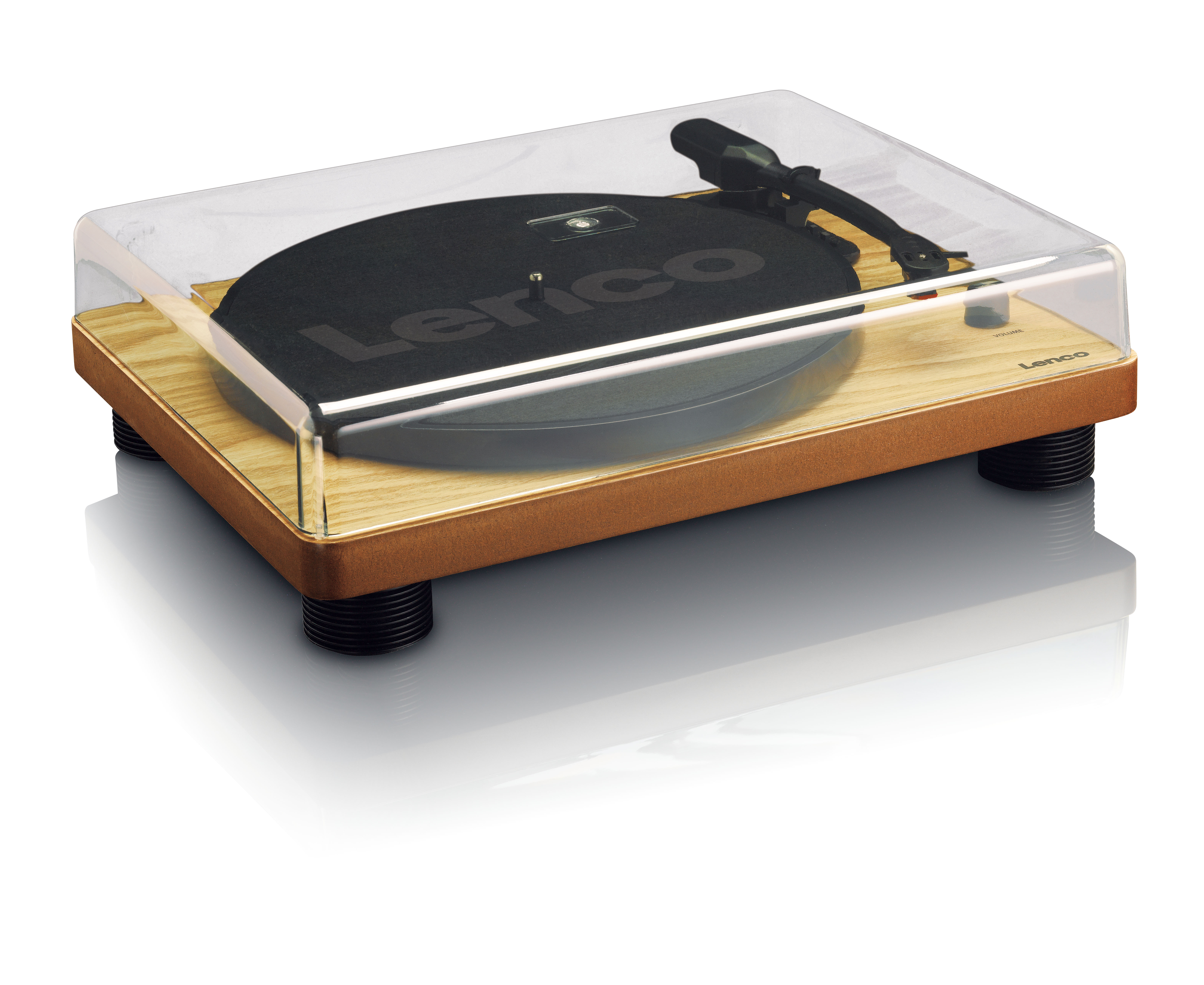 A turntable with a wooden base, a black record, and a transparent cover.
