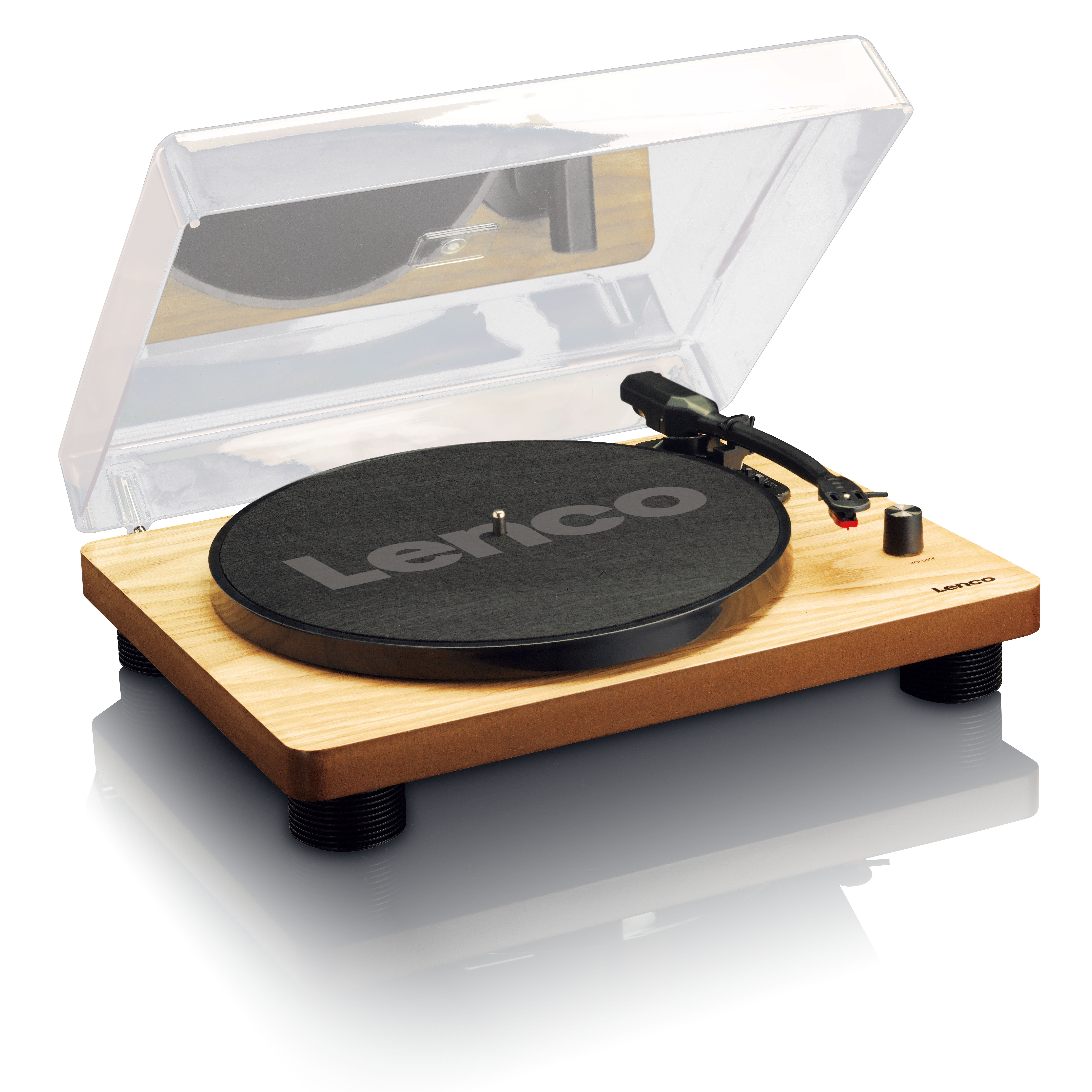 A wooden Lenco record player with a clear cover. Black record is on the turntable.