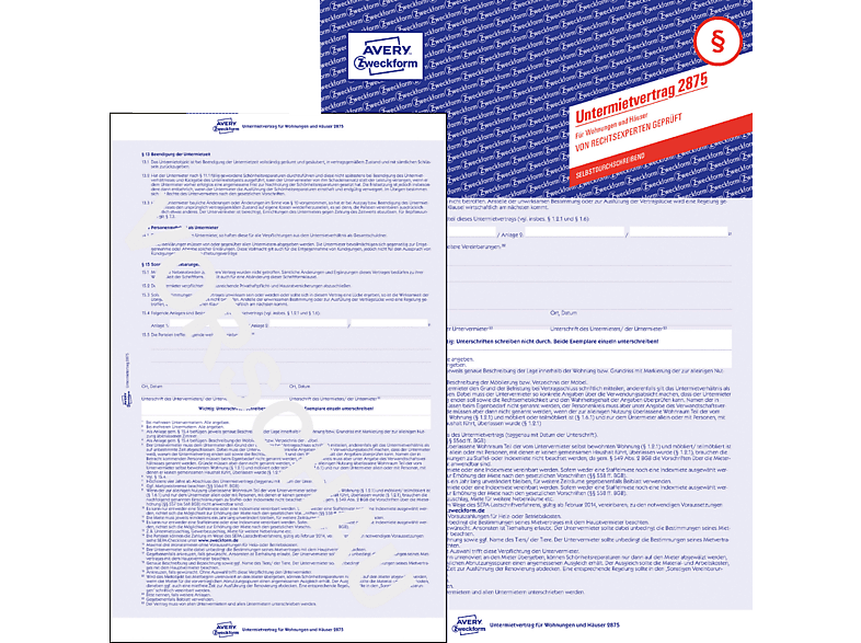 AVERY ZWECKFORM 2875 Untermietvertrag DIN A4, blau | Papier, Etiketten & Folien