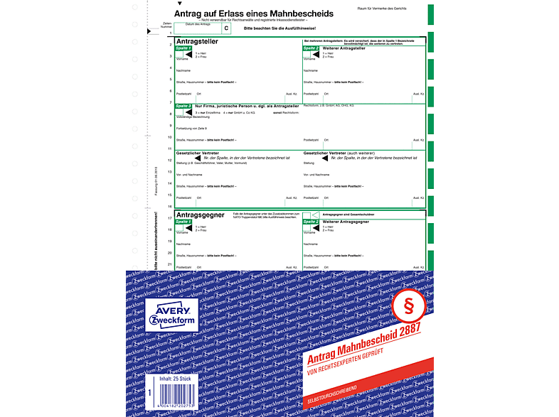 AVERY ZWECKFORM 2887 Mahnbescheid Antrag DIN A4 Grün Mahnbescheid ...