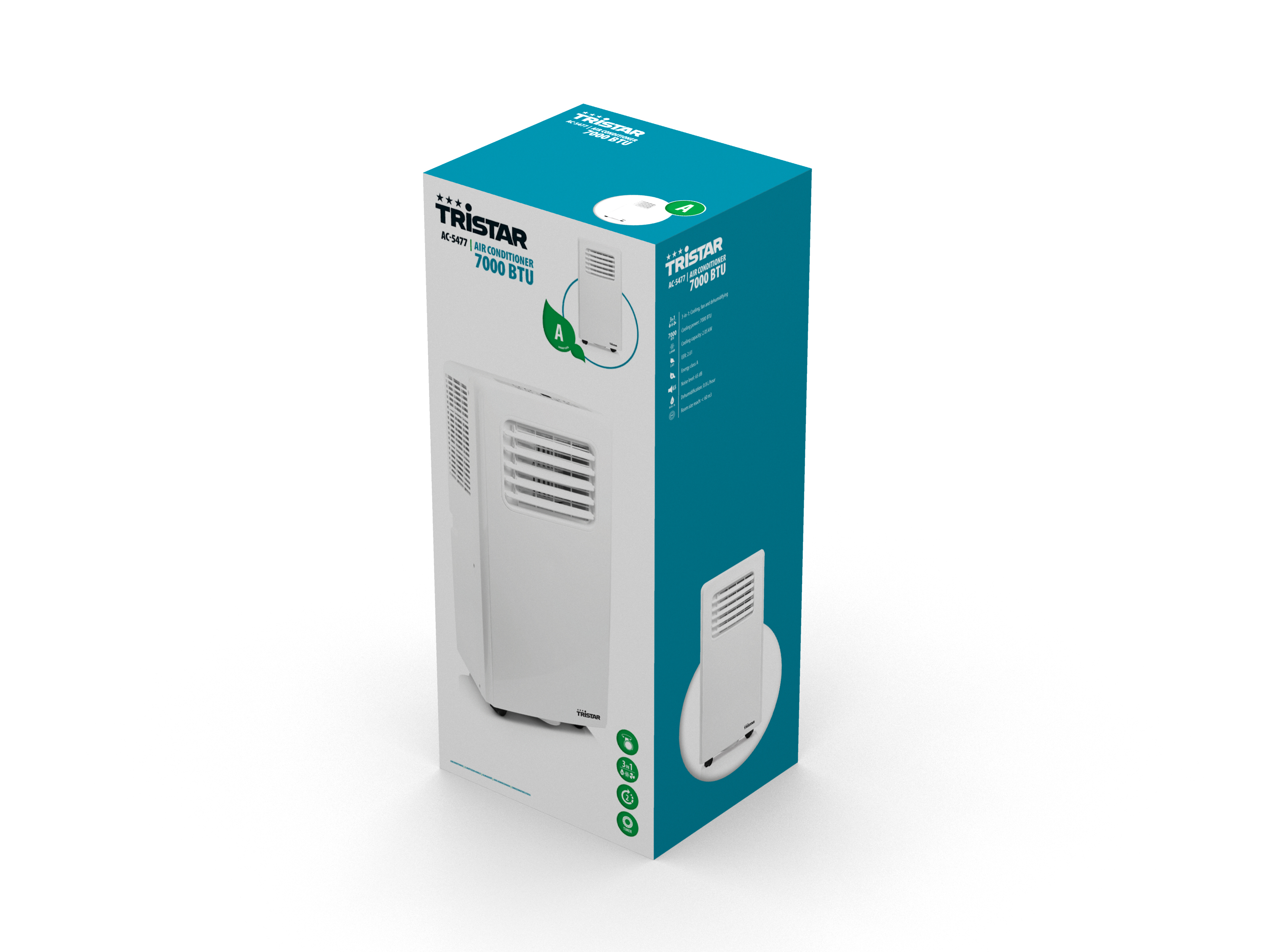 Een Tristar AC-5471 airconditionerdoos, witte achtergrond, met een apparaat erin.