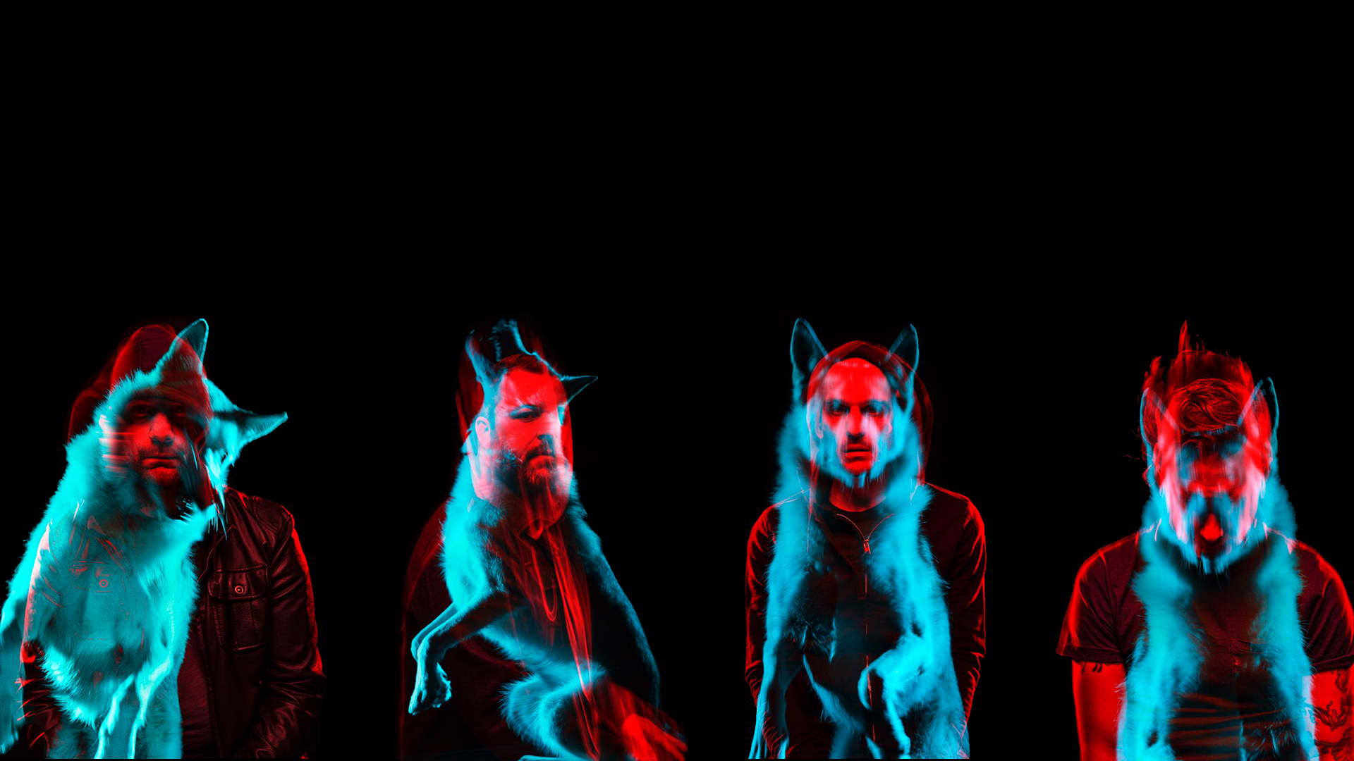 Vier Personen mit wolfsähnlichen Merkmalen, in roter und blauer Farbüberlagerung.