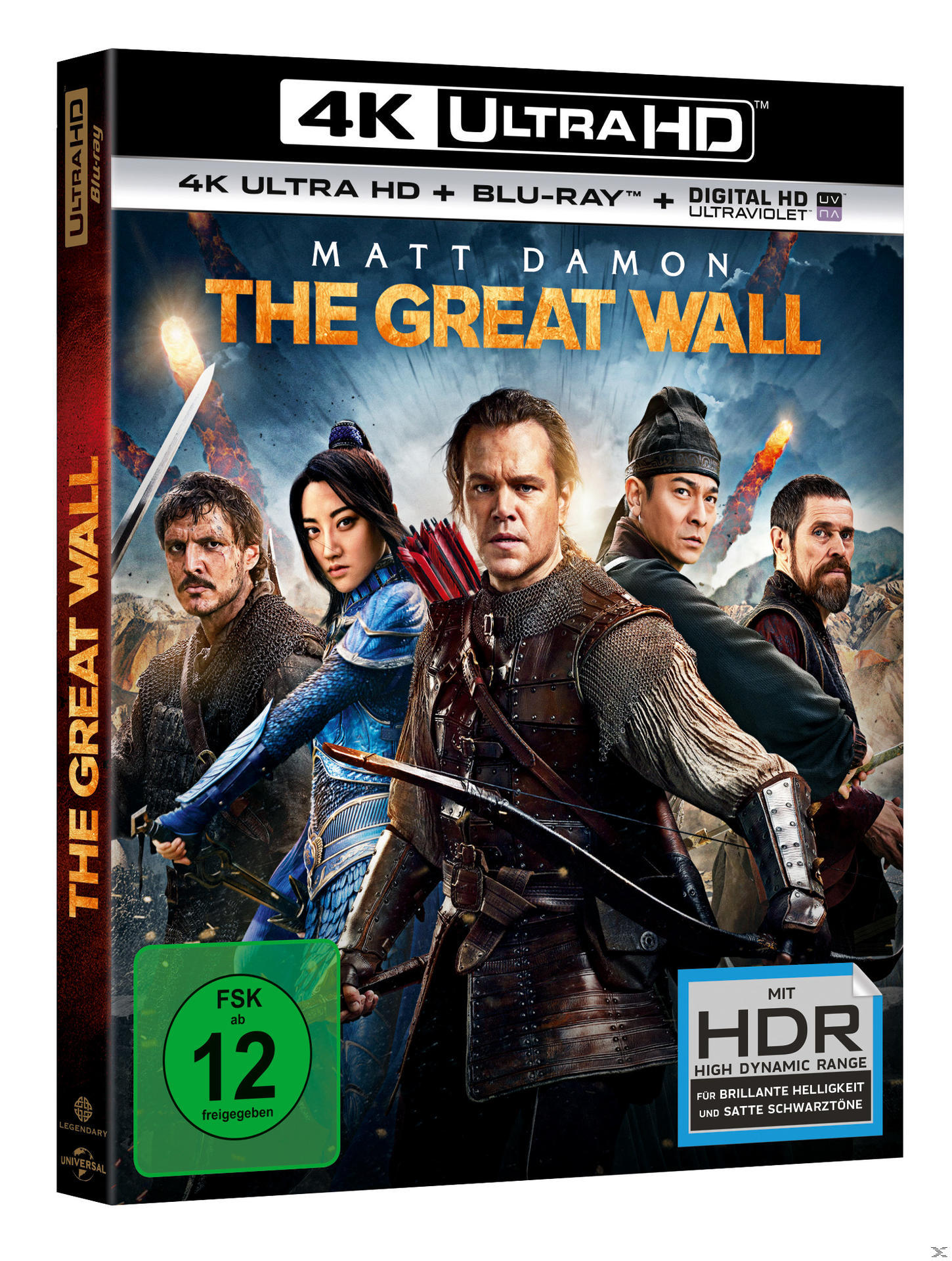 DVD-Cover für "The Great Wall" mit Matt Damon und anderen Schauspielern, Schwertern und Pfeilen.