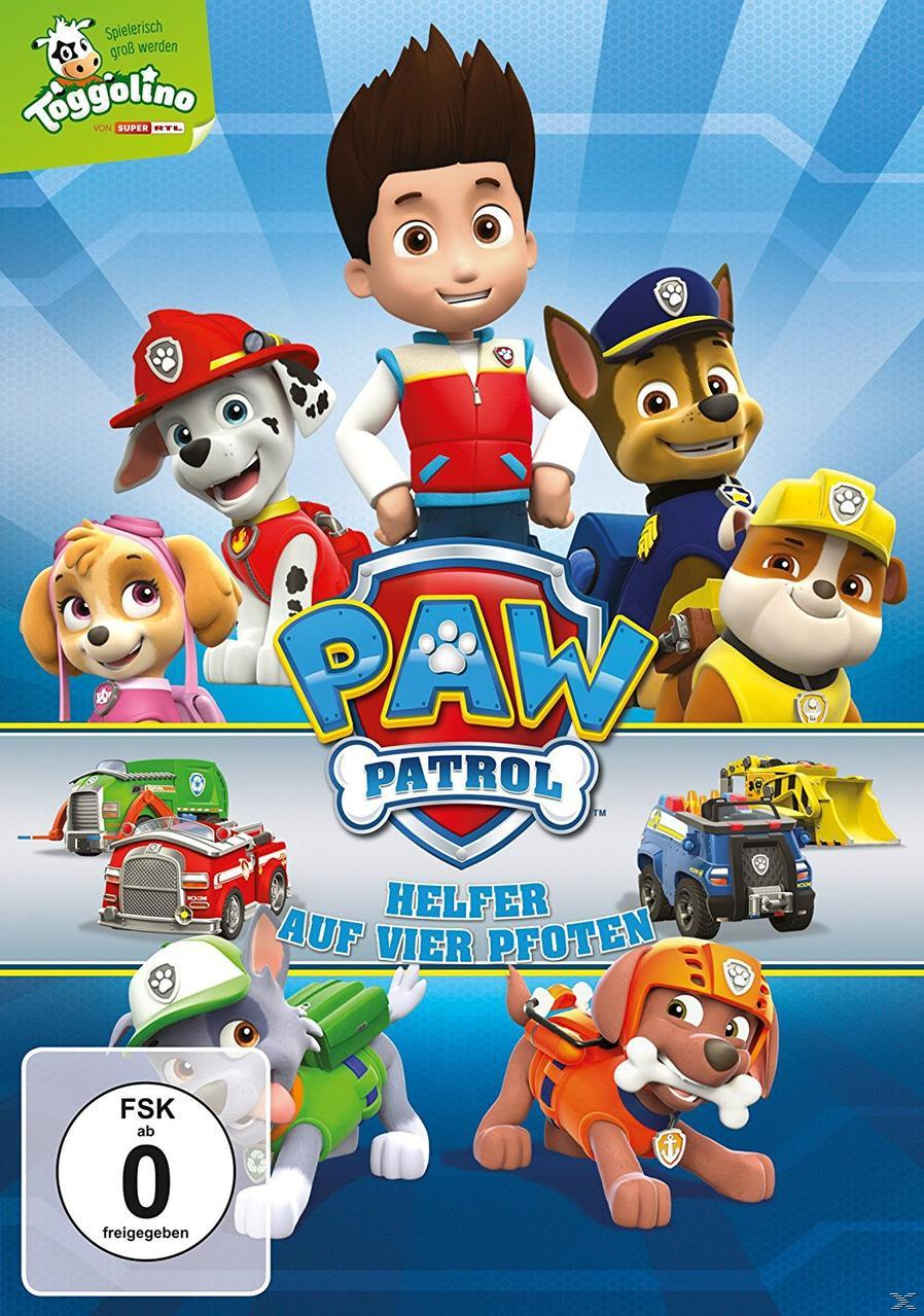 Paw Patrol DVD-Cover: Zeichentrickfiguren von Hunden mit Fahrzeugen. Buntes, animiertes und verspieltes Design.