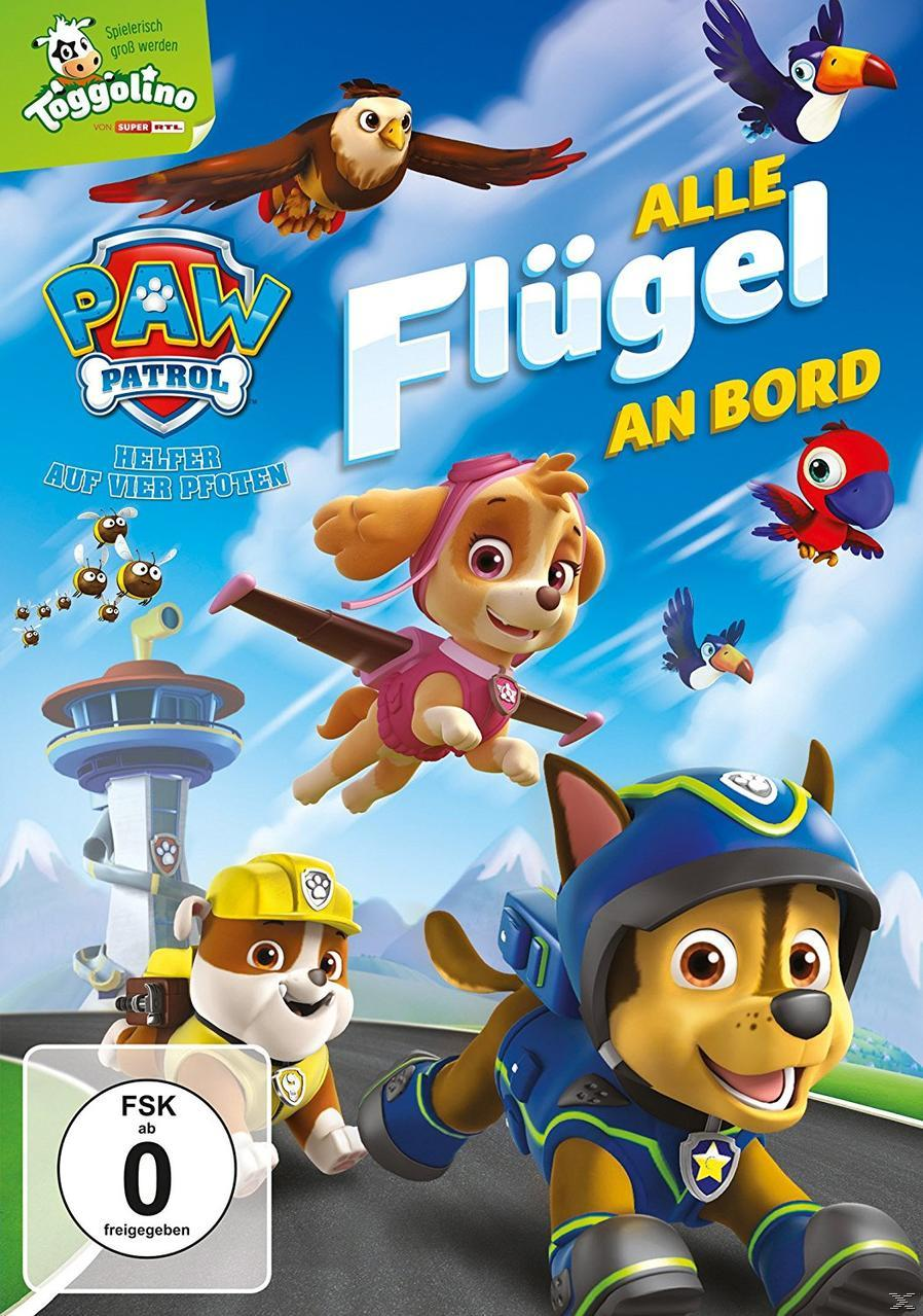 Eine Cartoon-DVD-Hülle mit Paw Patrol-Charakteren: Chase, Skye und andere, mit fliegenden Vögeln und verschiedenen Texten.