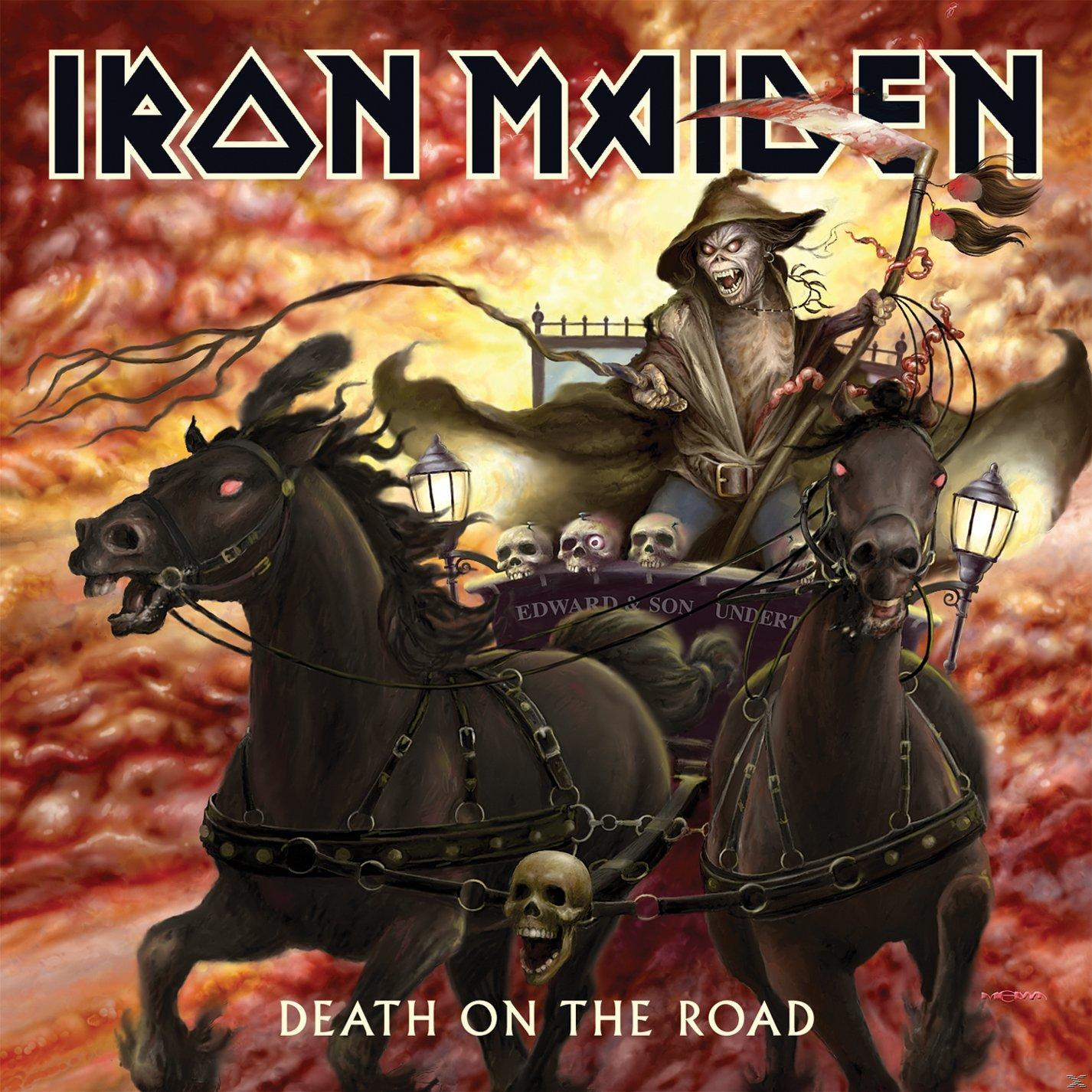 Iron Maiden Albumcover, Skelett auf Pferdekutsche, Titel 'Death on the Road'.