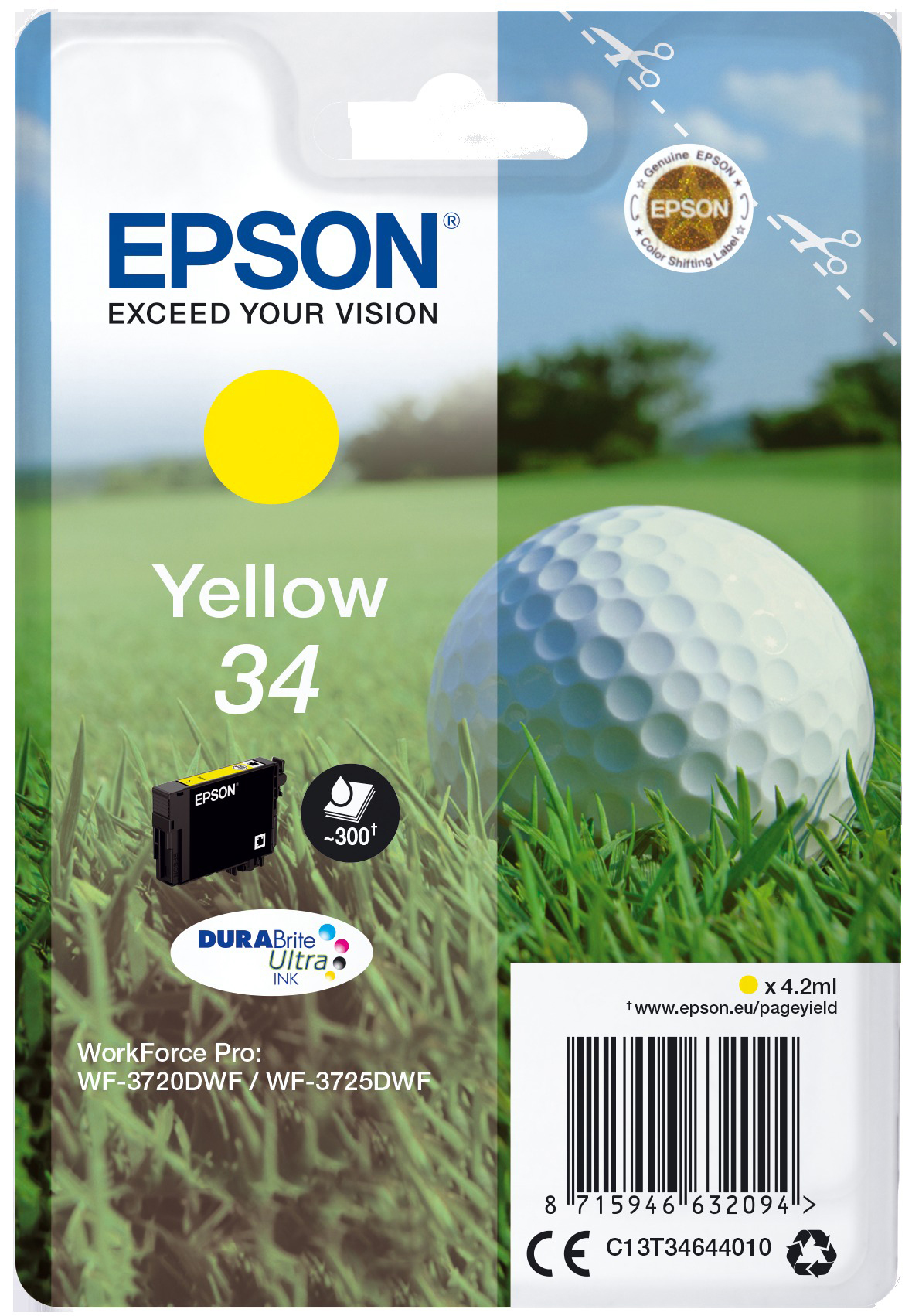 Epson-Druckertintenpatronenverpackung, gelbe Tinte, Golfball und grüner Gras-Hintergrund.