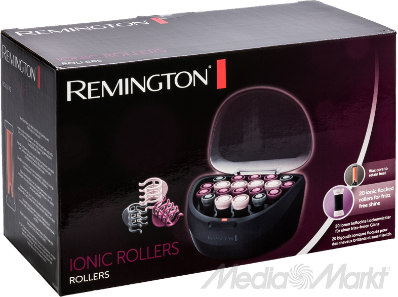 Fekete doboz ionos hajcsavarókkal, Remington márkájú, MediaMarkt logóval.
