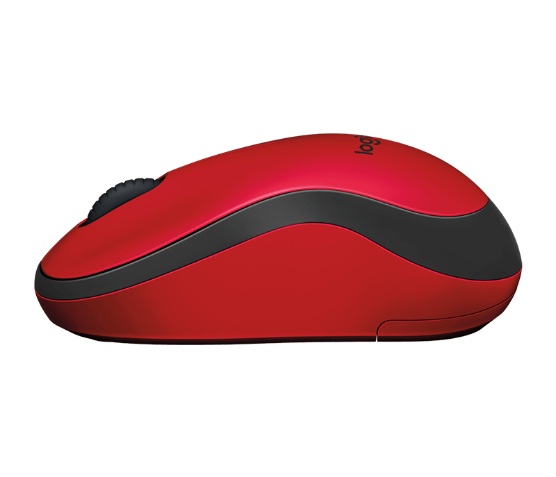 Piros-fekete Logitech egér, görgetőkerékkel az oldalán.