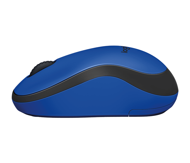 Kék Logitech számítógépes egér, fekete szegéllyel és görgővel, oldalnézet fekete háttéren.