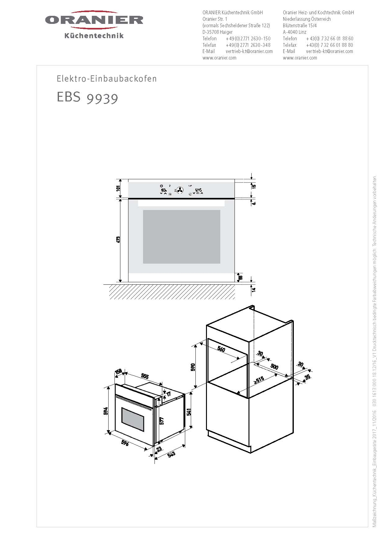 ORANIER EBS 9939 10, Elektro-Einbaubackofen (Einbaugerät, 60 l, 596 mm breit)