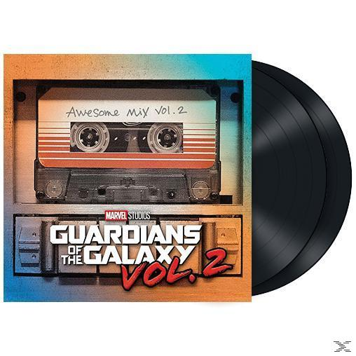 Guardians of the Galaxy Vol. 2 Albumcover und zwei schwarze Schallplatten.