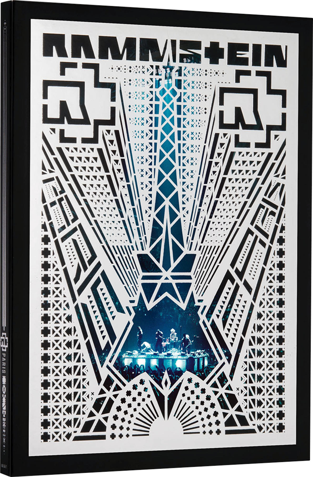 Artwork für Rammsteins Paris-Konzert, mit Bühne mit Lichtern und der Band vor einem komplizierten Design.
