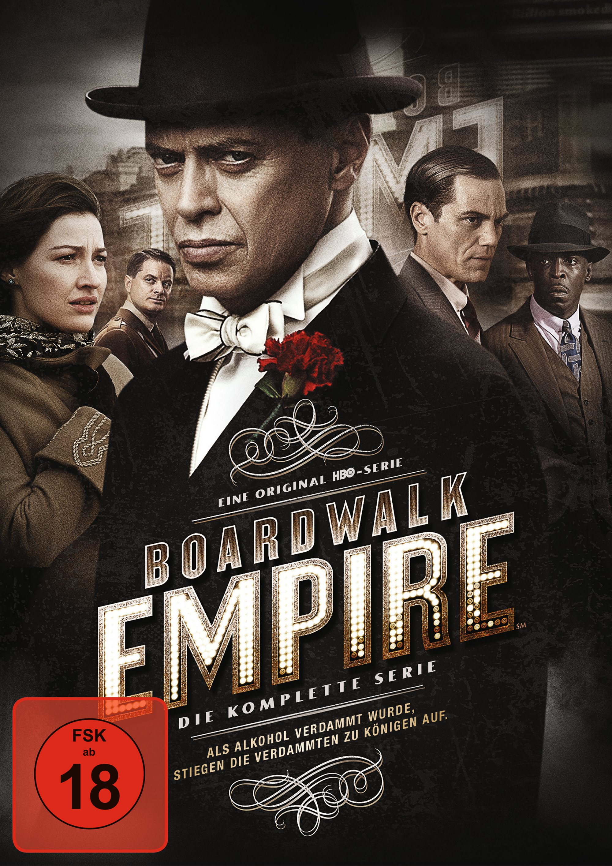 Boardwalk Empire DVD-Cover mit Schauspielern und Titeltext, erwachsene Themen, Alterskennzeichnung.
