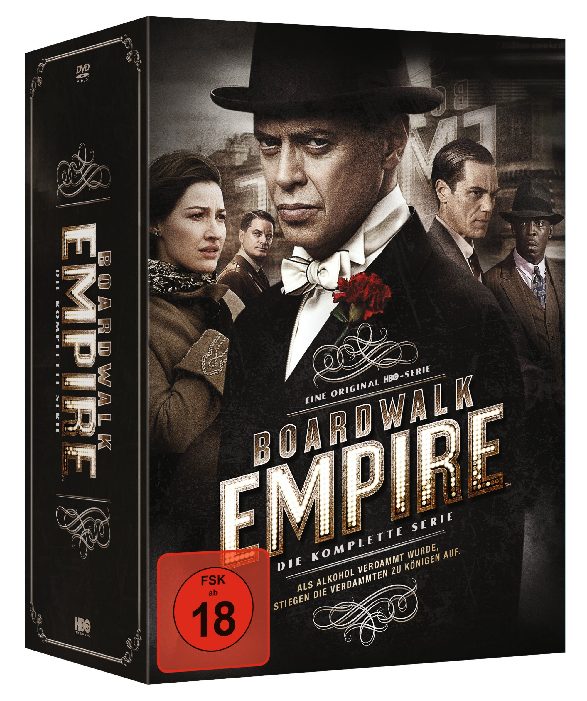 'Boardwalk Empire' DVD-Box, mit Schauspielern in Anzügen und dem Serientitel, dunkler Hintergrund.