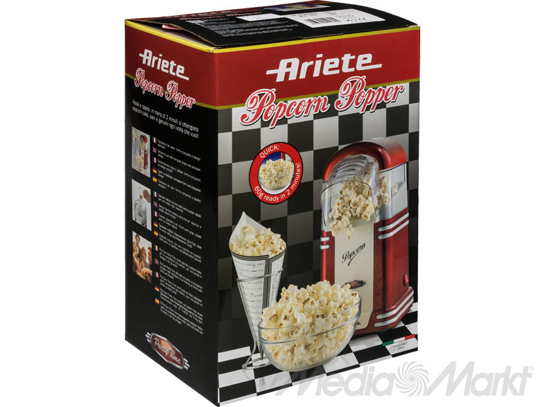 Ariete Popcorn Popper doboz pattogatott kukoricával és piros gép illusztrációval.