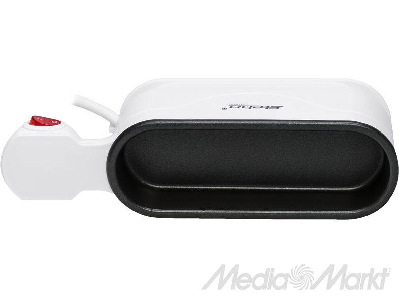 Fehér raclette grill fekete főzőfelülettel és piros bekapcsológombbal. MediaMarkt logó.