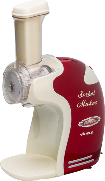 Piros-fehér Ariete sorbetkészítő, retro design, fehér felületen.