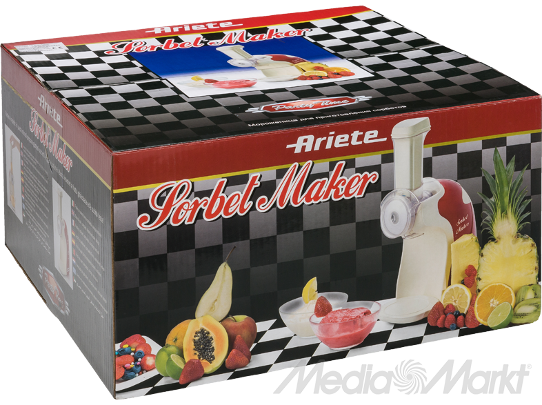 Ariete Sorbet Maker doboz gyümölcsökkel és szorbettel, valamint a gép képével.