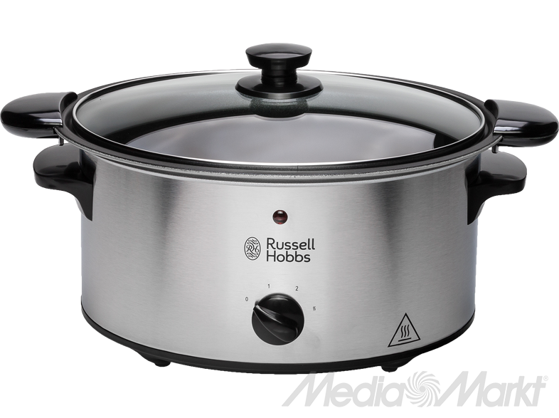 Rozsdamentes acél Russell Hobbs lassú főző fekete felületen, üvegfedővel.