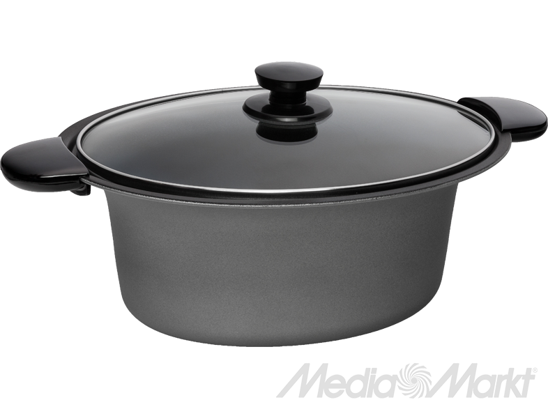 Egy sötétszürke fazék üvegfedővel és fekete fogantyúkkal. A MediaMarkt márka látható.