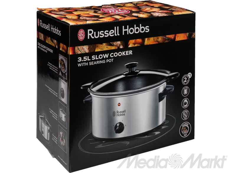 Russell Hobbs lassúfőző egy dobozban. A dobozon a lassúfőző és a márkajelzés látható.