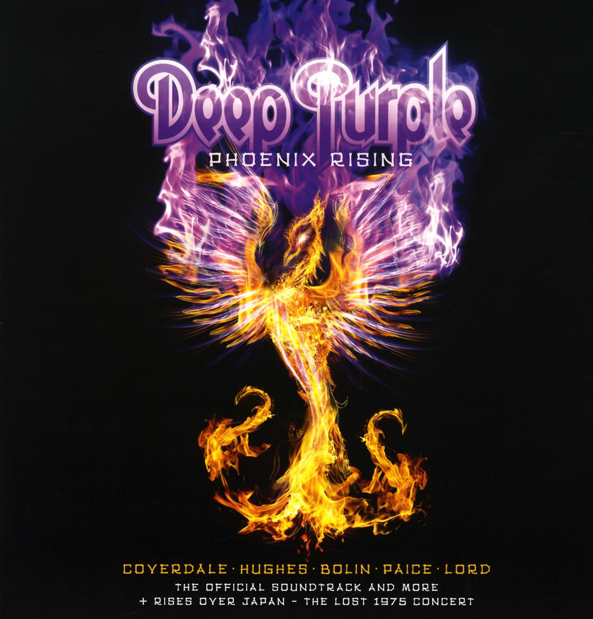 Albumcover für Deep Purple's Phoenix Rising. Ein Phönix in Flammen auf schwarzem Hintergrund.