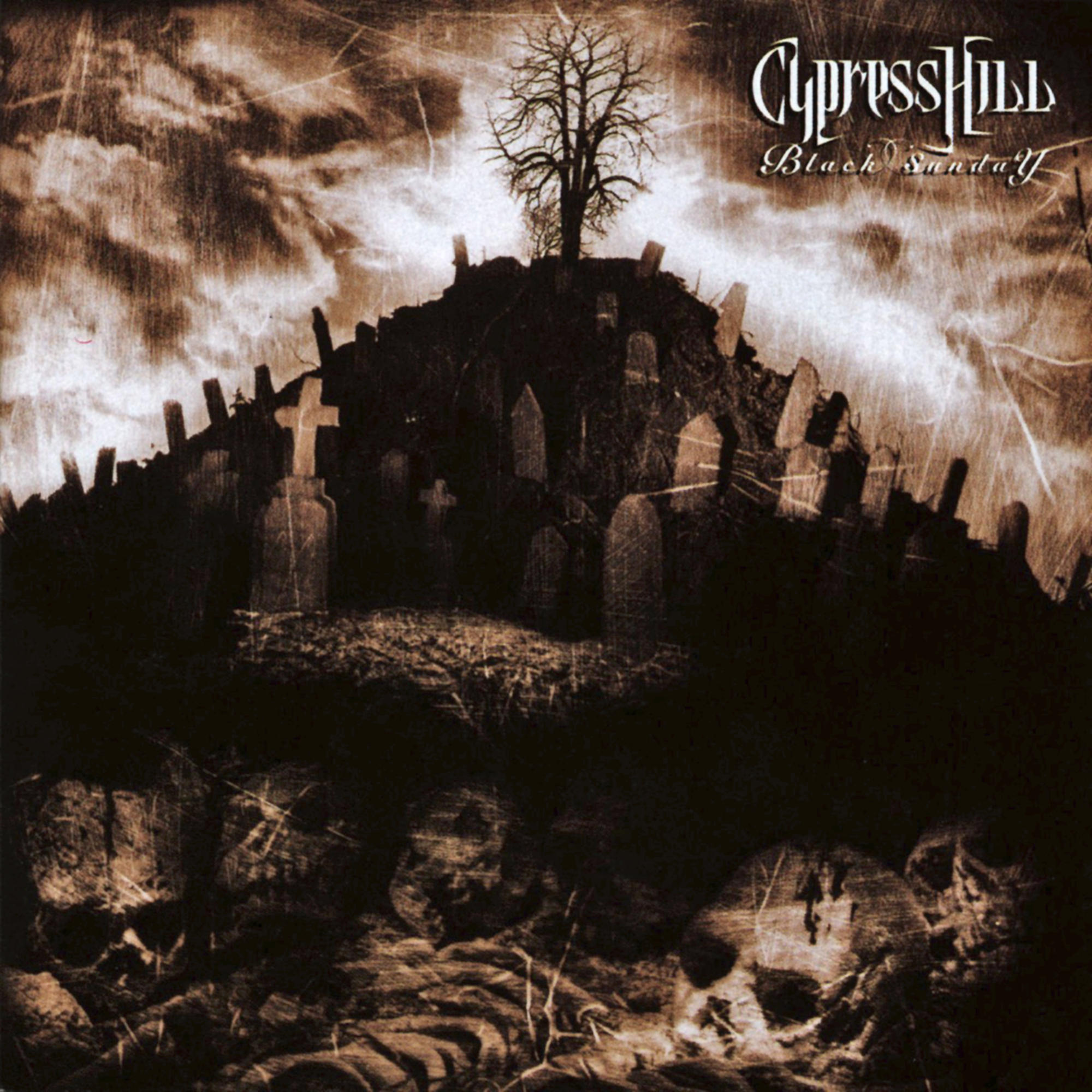 Albumcover mit einer Friedhofsszene mit Grabsteinen und einem Baum.