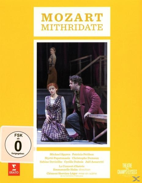 DVD-Cover für Mozarts Oper Mithridate. Zeigt Darsteller auf der Bühne, gelber Hintergrund.