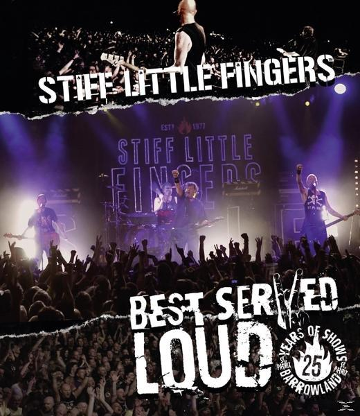 Stiff Little Fingers Albumcover. Ein Live-Konzertfoto mit Bandmitgliedern und einer Menschenmenge.